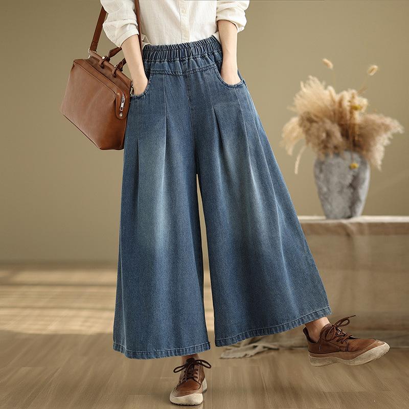 Plus Size Denim Wide-leg Pants Fashion, Elastic, Loose, Thin, Casual All-match Straight Wide-leg Pants