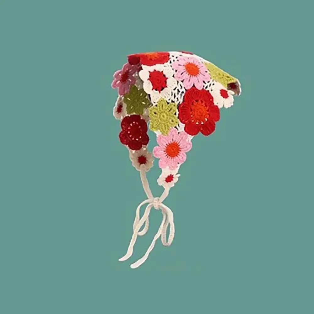 1Pc Knitted Triangle Headband French Pastoral Style Headscarf Hat Little Flower Handmade Crochet Headband Towel Spring Summer