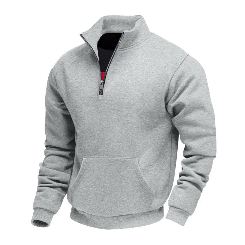Autumn/Winter Fleece-Lined Heavyweight Men's Oversized Vintage-Style Casual Stand-Up Collar Half-Zip Commuter Hoodie with Pockets