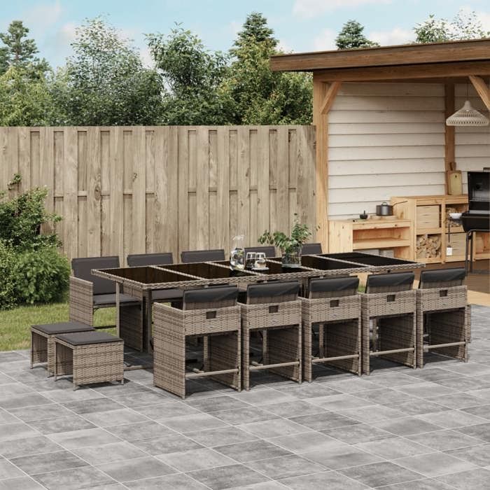 VidaXL Garden Dining Set 15 Pcs Grey Cushions Wicker 3277939