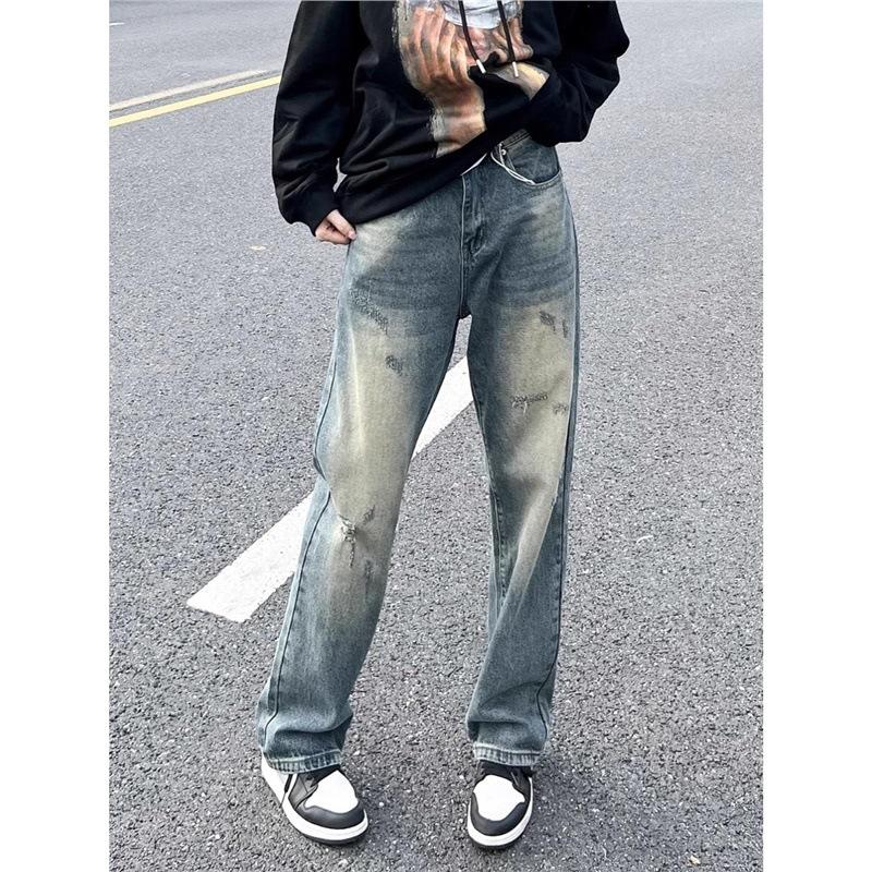 High Street American retro loose straight pants washed old ripped jeans men's ins trendy casual trousers