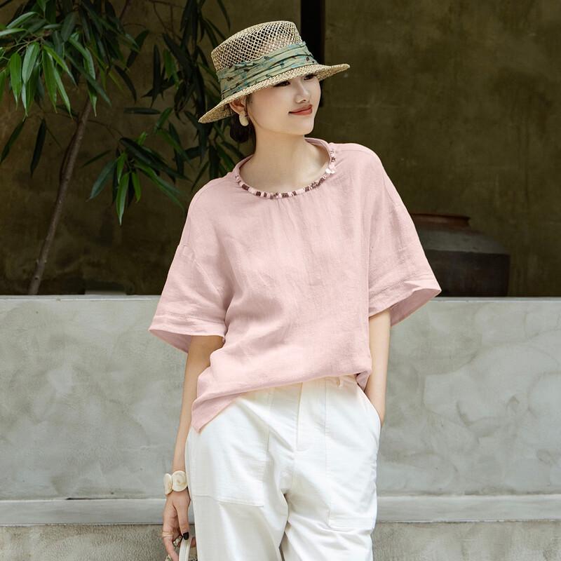 Lanseer Women s Linen Blend Beaded Short Sleeve Top M