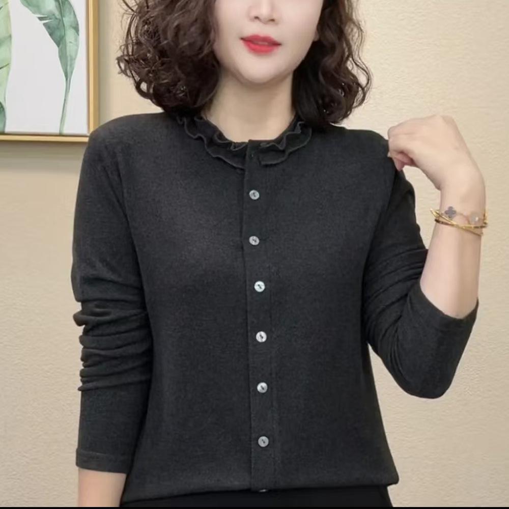 

Elegant Ruffled Collar Long-Sleeve Top for Moms - Age-Reducing, Tummy-Covering, Warm Autumn/Winter Layer 2XL