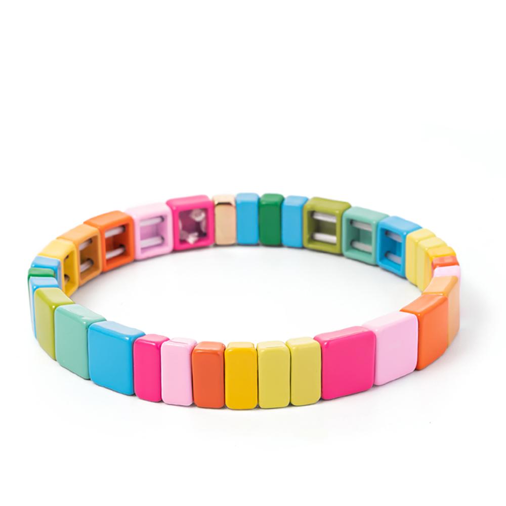 New Fashion Deil Eye Enamel Bangle for Women Colorful Beaded Boho Rectangle Shape Hand Accessory