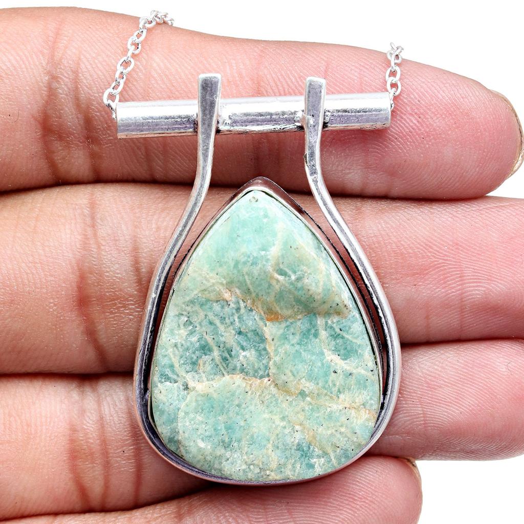 Necklace Amazonite Gemstone Natural Beads Round 20" Blue Pendant Silver Faceted