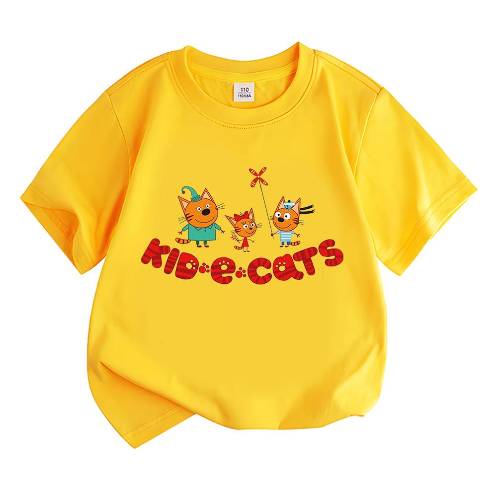 Kid-E-Cats Cartoon 100%Cotton T-shirts Funny Cat Family Tee-shirt Russian Three Cats Tops Children Short Sleeve Breathable Tees  Summer Tops
