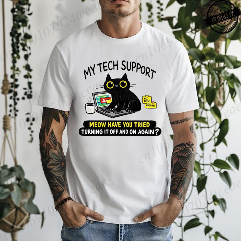 My Tech Support Is A Cat TShirts Funny Cat T Shirt IT Humor Tee Programmer Gift Work From Home Shirt Geek Cat Tee TShirts