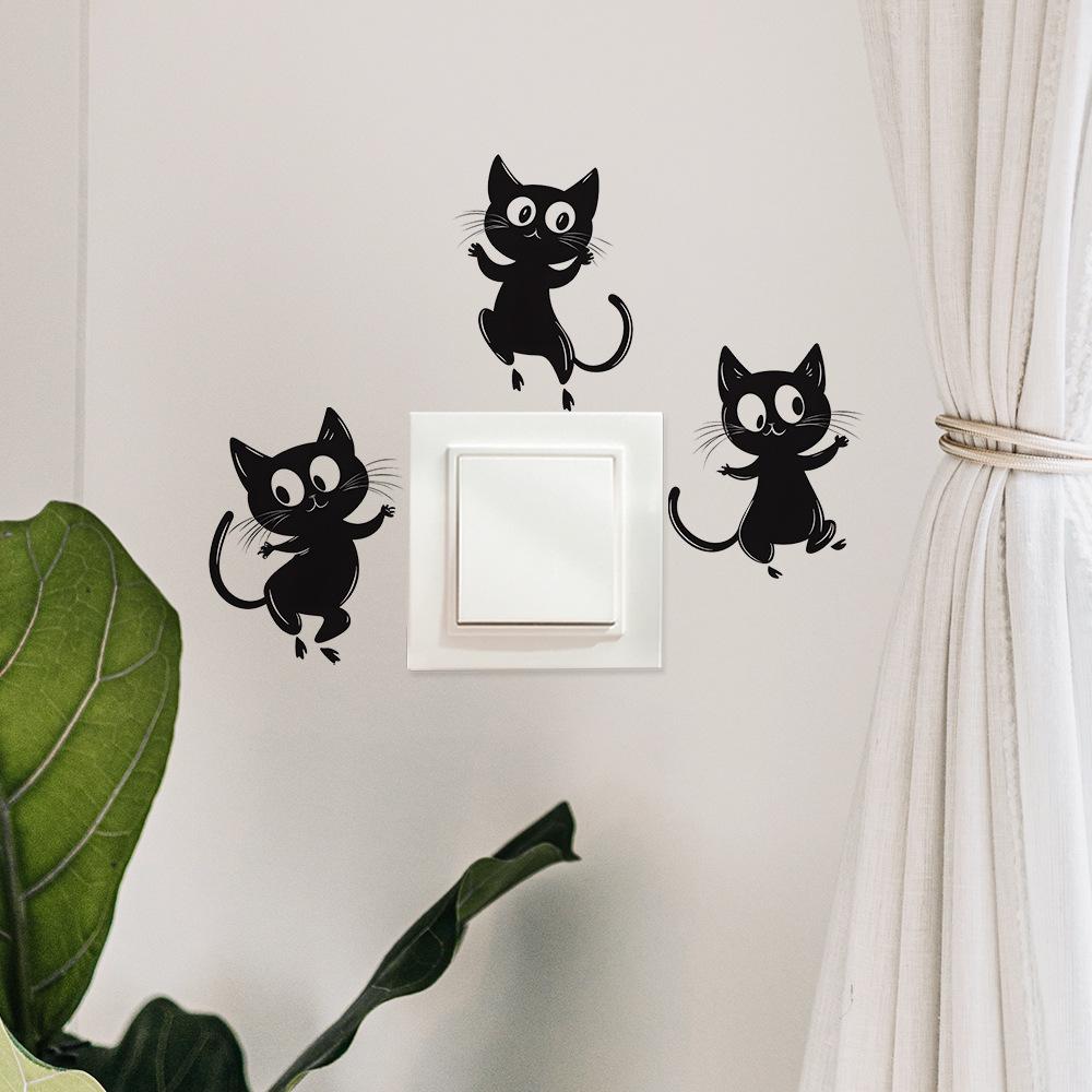 Playful Black Cat Switch Plate Cover and Wall Sticker Decoration for Bedroom Living Room Nursery Kids Room Easy Peel and Stick