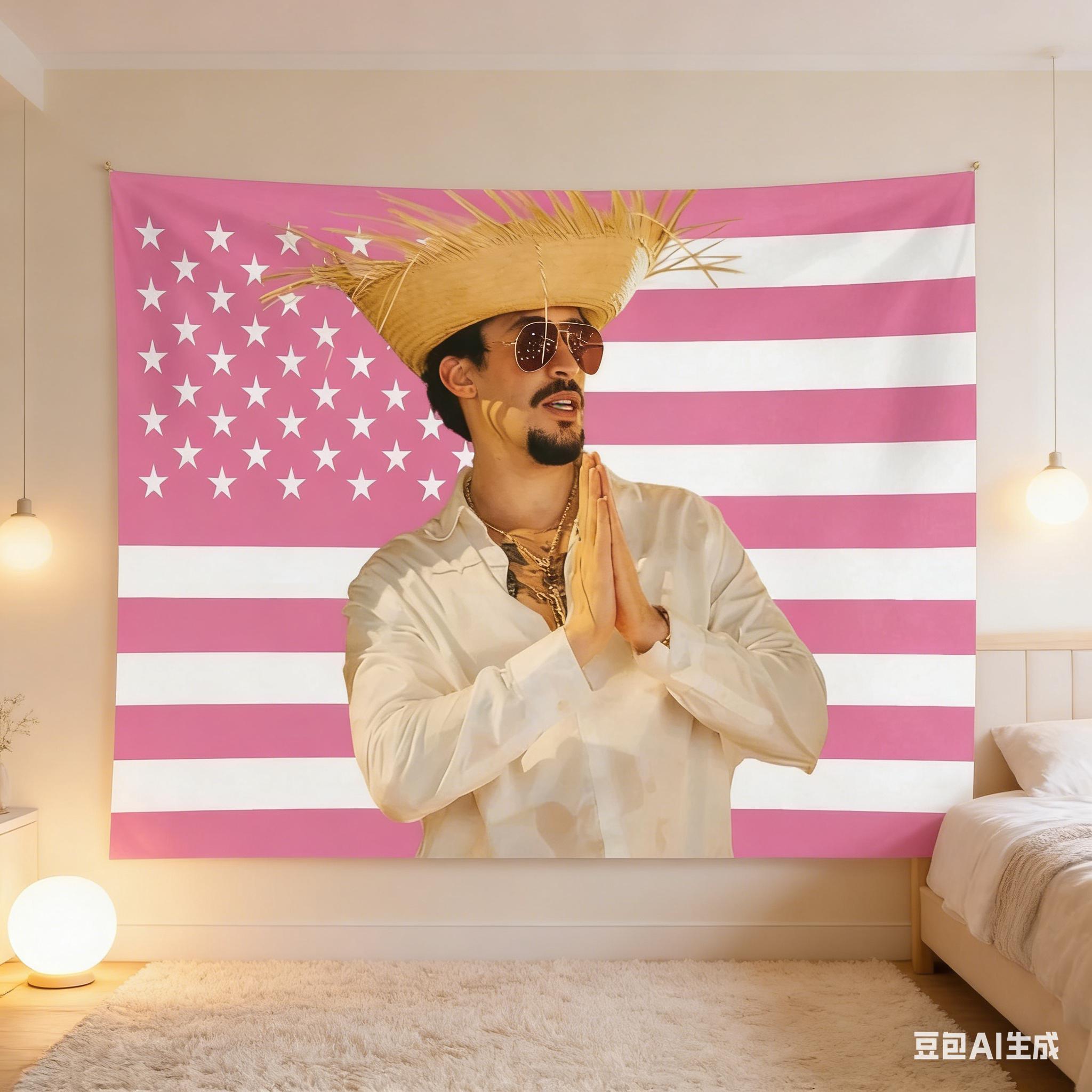 Jmg Household Supplies Pink 1Pc Cuban Flag Tapestry, Bad Bunny Photo Wall Hanging, Polyester 2D Print, Reggaeton Fan Decor For Bedroom, Gift