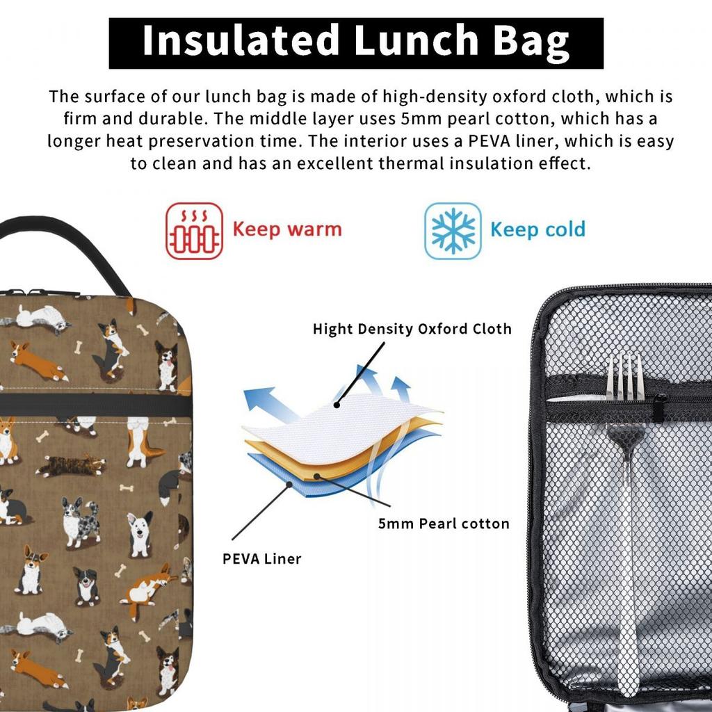 Cute Cartoon Corgi Insulated Lunch Bag for Women Children Leakproof Food Boxes Thermal Lunch Box Tote