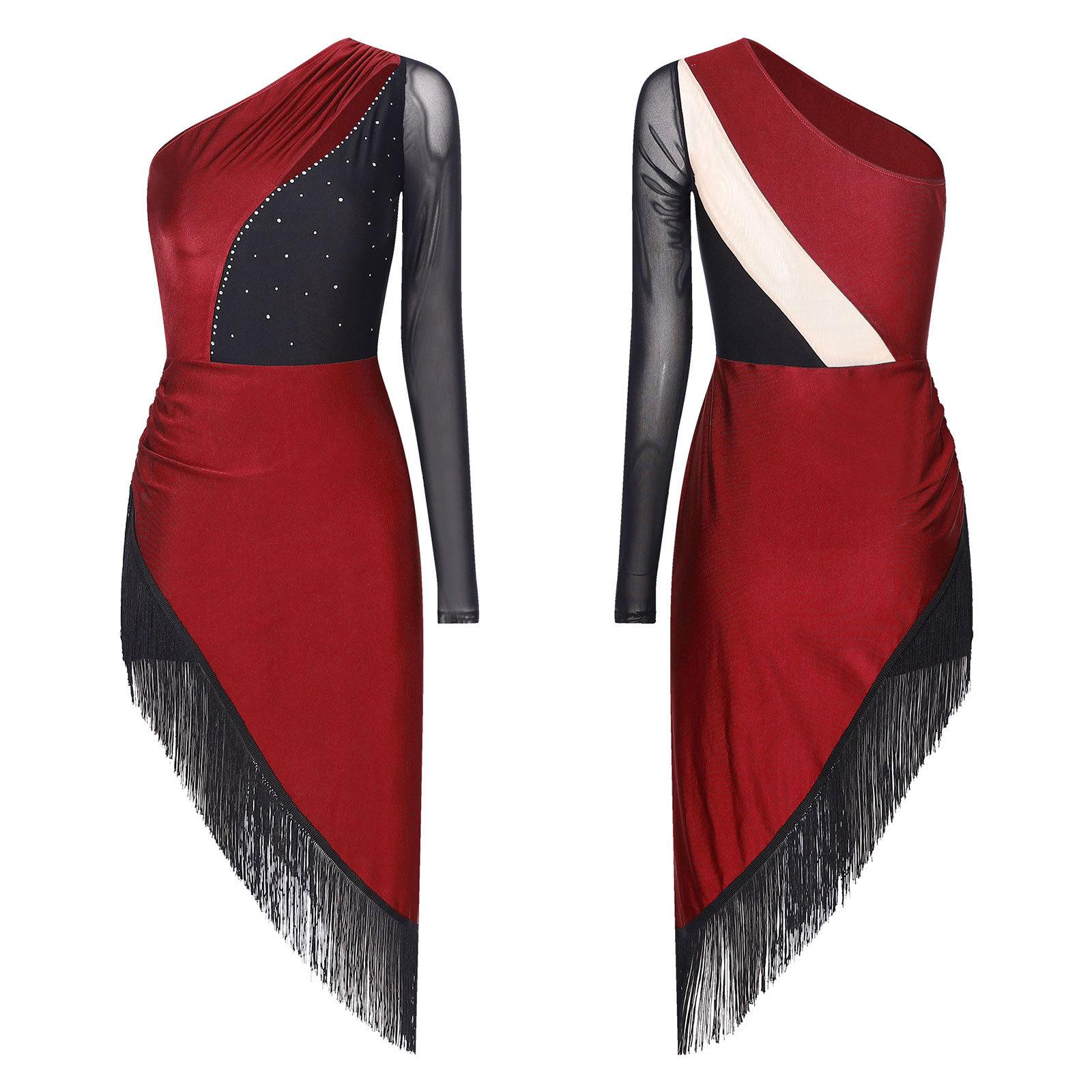 

Платье для латинских танцев с бахромой для женщин, латинский наряд, женское струящееся платье для соревнований с кисточками, танцевальный костюм для сальсы, танго, самбы, румбы S бордовый