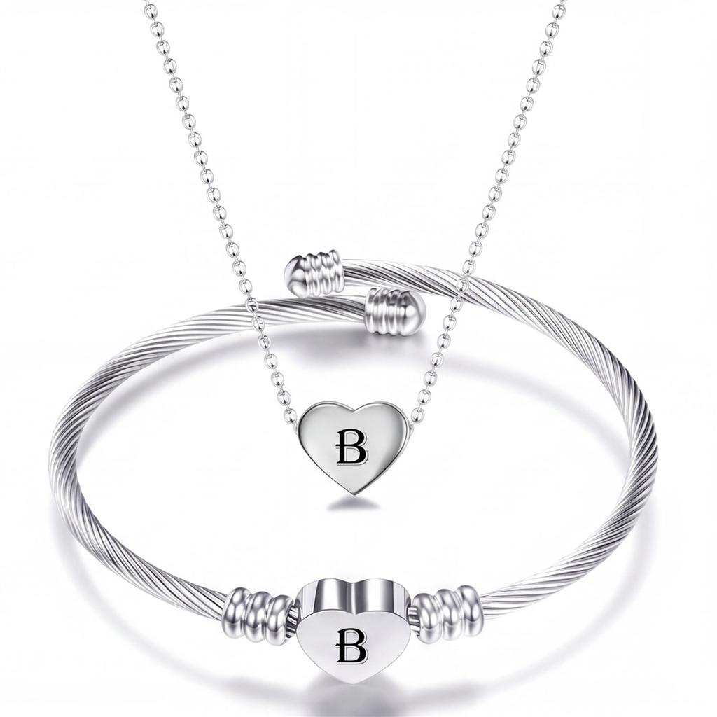 Diy 26 Letters Fadeless Stainless Steel Heart Pendant Necklace Bracelet Set For Women