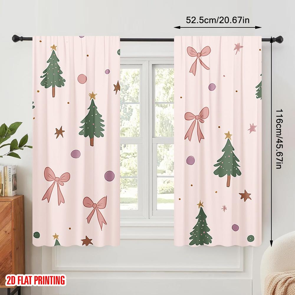 2pcs,2D Plane Printing Popular Curtains Christmas Trees Bows Ornaments Stars (3) Polyester Easy Install (without Rod) Festive