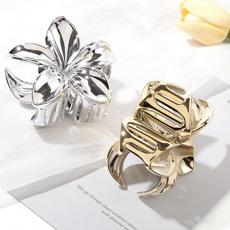 Gold/Silver Flower Shaped Hair Claw Clip, Hair Clip, Metallic Chic Hair Accessory For Updos, School Flower Piranha Summer Hair Clips Hair Jaw Clip