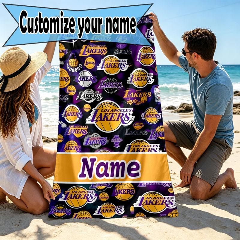 Custom Name Personalized Los Angeles Lakers Basketball Print Beach Towel, for Trip Camping Beach Party Home Decor, Birthday Gift for Family & Friends