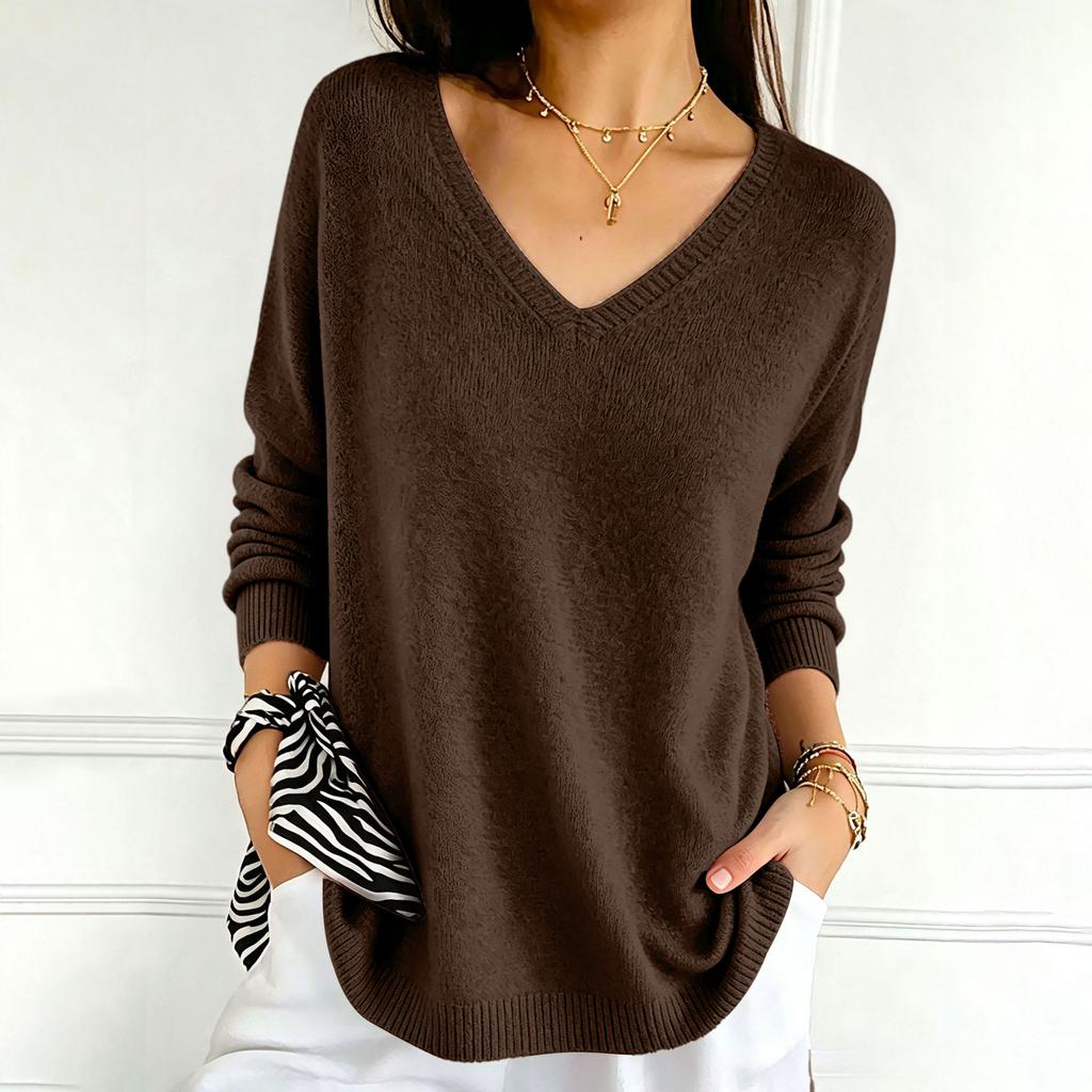 Women's Color V-Neck Long Sleeve Knit Sweater Casual Basic Lightweight Top for Daily Wear