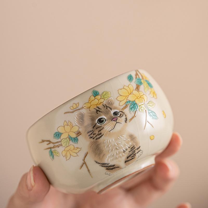 Cute Cat Rabbit Ru Yao Ceramic Teacup Chinese Kung Fu Tea Set Creative Master Mug Meditation Cup Teaware Tea Cups 2025 New
