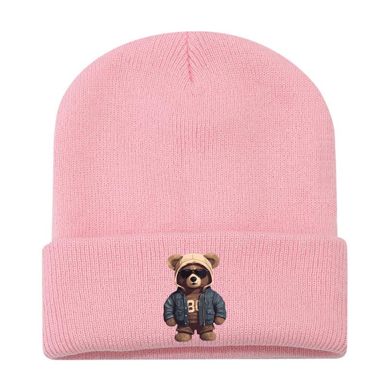 European and American New Autumn and Winter Hats, Women's Bear Printed Knitted Hats, Sleeves, Outdoor Warm Wool Hats, Men