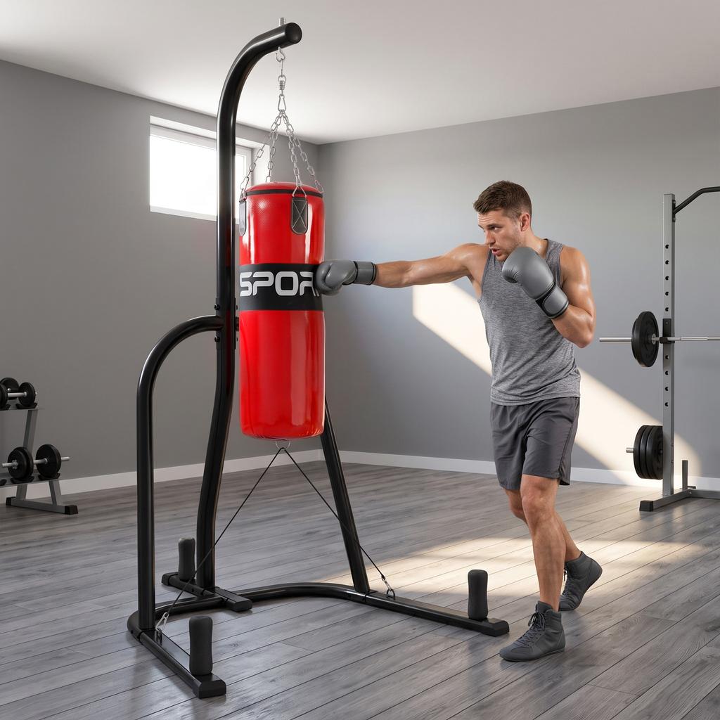 Punching Bag with Stand for Adults, Freestanding Boxing Stand with Heavy Bag and Weight Plate Storage, Red