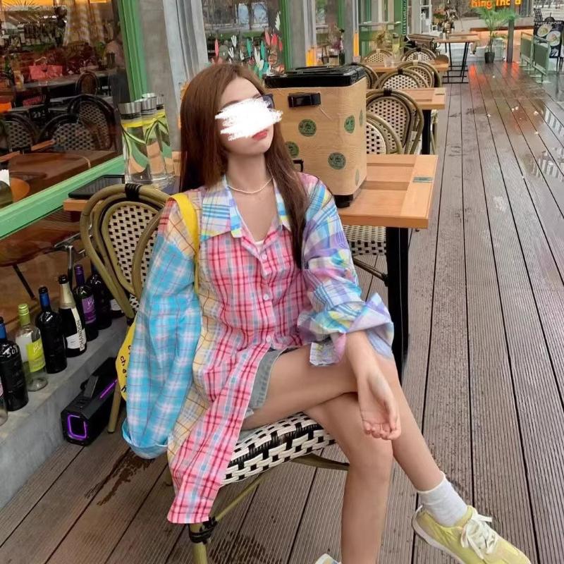 Dames Rutete Skjorte med Fargeblokkering Sommer Ny Løs Casual Solskjermingsskjorter Amerikansk High Street Tynn Langermet Topp