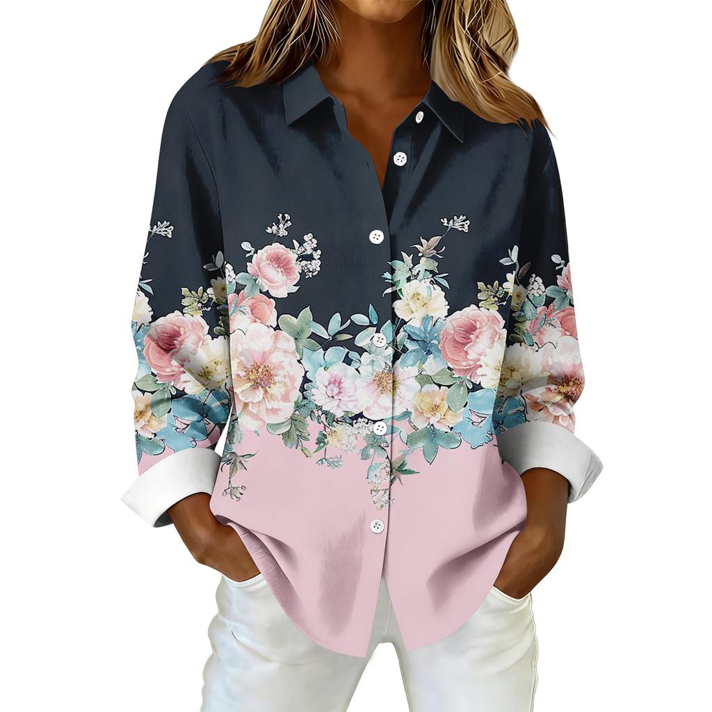 Women's Fashionable Casual Printed Long-Sleeved Button-Up Shirt