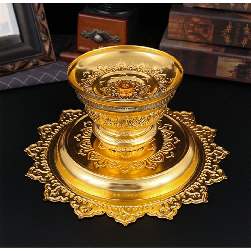Decorative Alloy Offering Plate with Ornamental Pattern Tall for Religious Ceremonies Home Decoration Highlight
