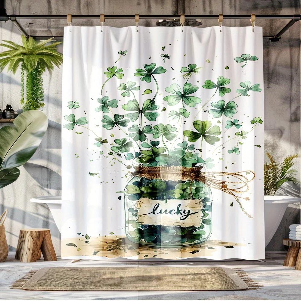 Spring Fresh Green Leaf & Clover Shower Curtain - Digital Print, Polyester Oxford, Waterproof, Green Background,for Bath &Toilet