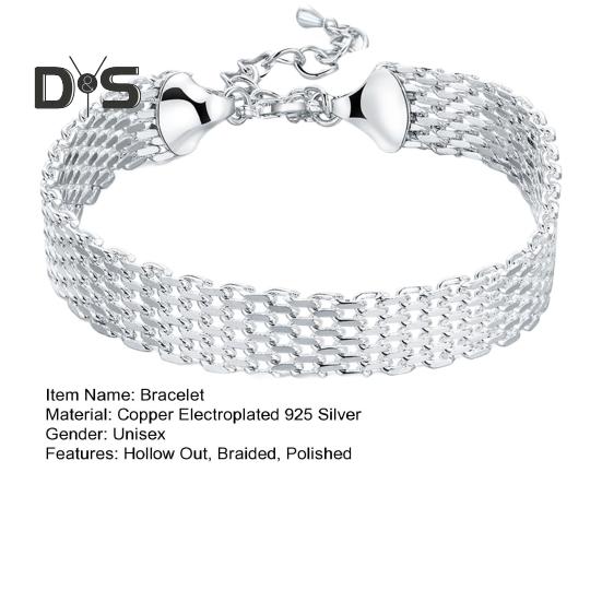 Women Bracelet Adjustable Braided Hollow Out Silver Color Polished Wide Couple Bangle Daily Wear Prom Wrist Jewelry Holiday Gift