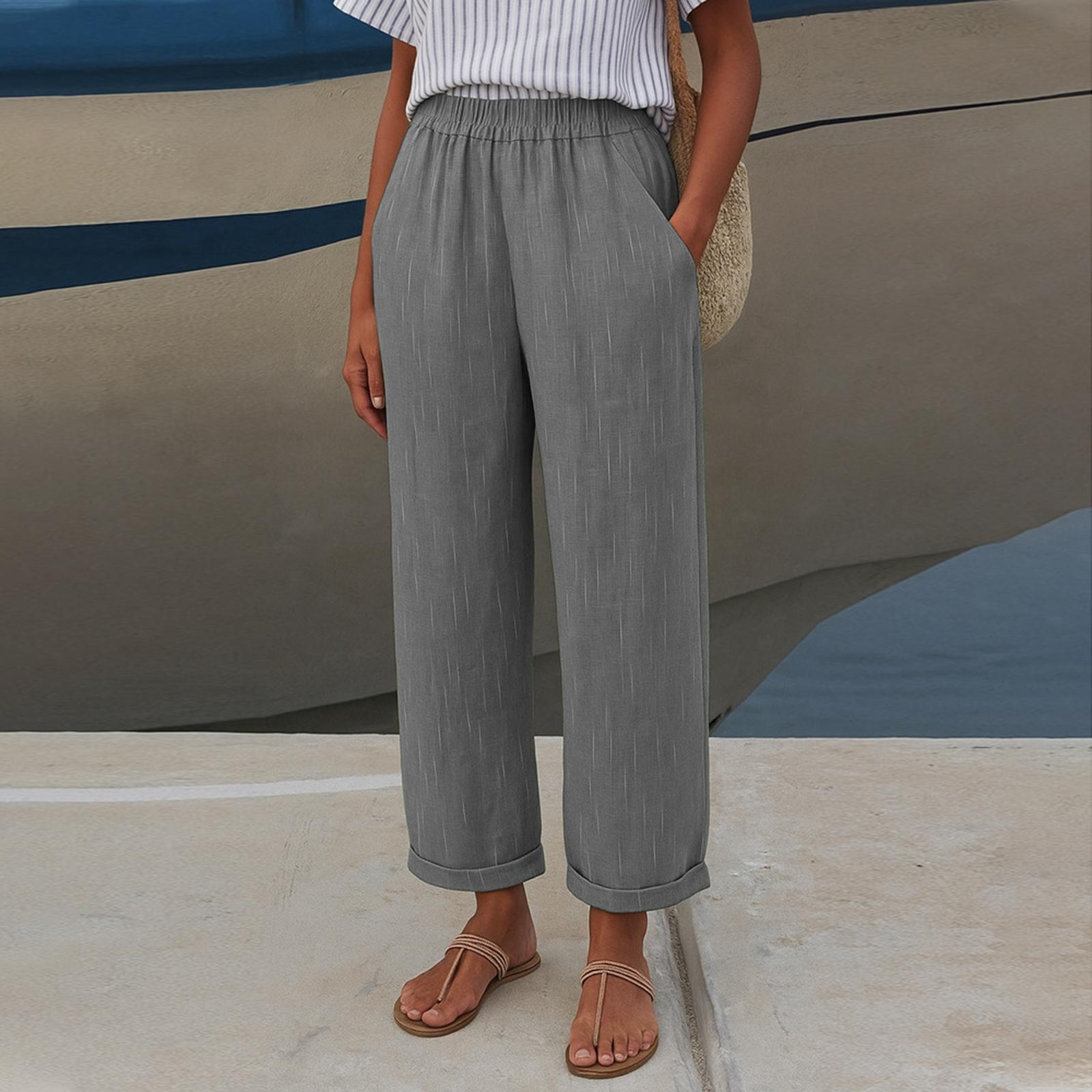 

Женские Модные Свободные Однотонные Брюки Кэжуал с Эластичной Талией, Карманами и Прямыми Штанинами XL