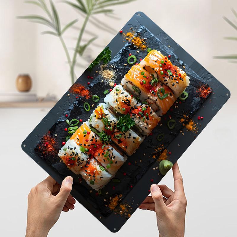 Sushi Rolls on Slate Plate Poster Customized Wall Art Vintage Metal Signs Retro Tin Plaque for Man Cave Room Decoration Gaming