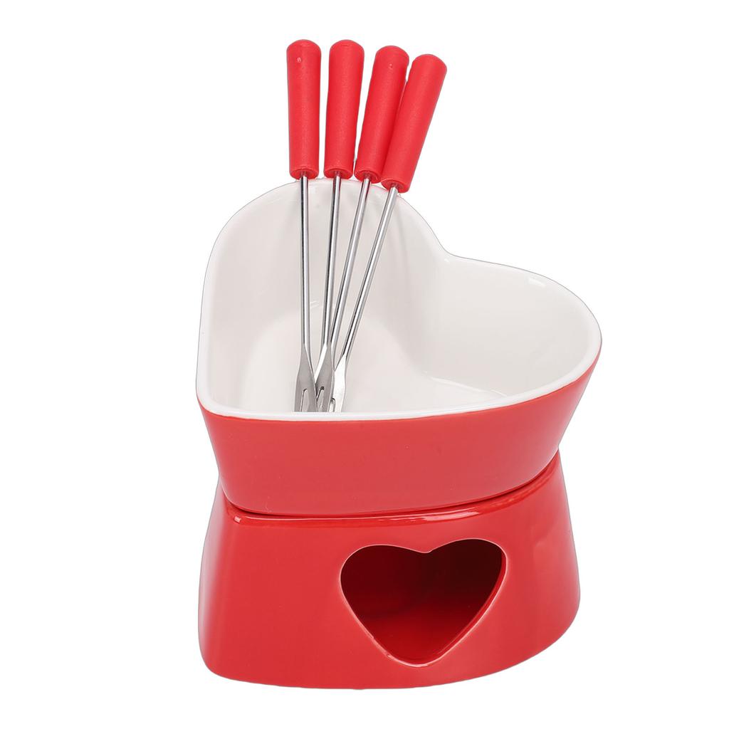 Heart Shaped Chocolate Fondue Mug Set Ceramic Sweet Fondue Cup with Forks and Candle Red White 350ml