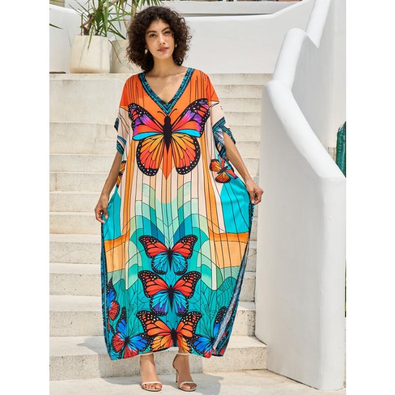 Vestidos Casuales de Moda para Mujer Verano Primavera Estampado Color Block Mangas 1/2 Cuello en V Cintura Holgada