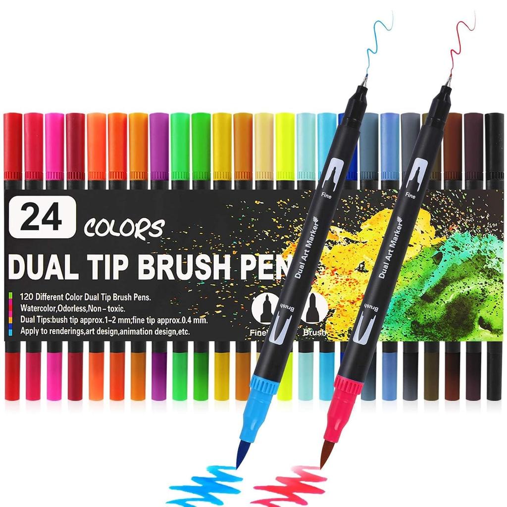 Corslet 24 Pcs Dual Tip Brush Pens 24 Shades Calligraphy Brush Pen Sketches Fineline Coloured Pen Brush Colour For Color
