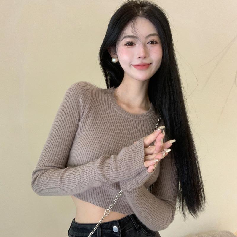 Gray Long-sleeved Knitted Sweater Women's Spring and Autumn Inner Fit Slim-fitting Short Open-button Tight Bottoming Shirt Top Tide