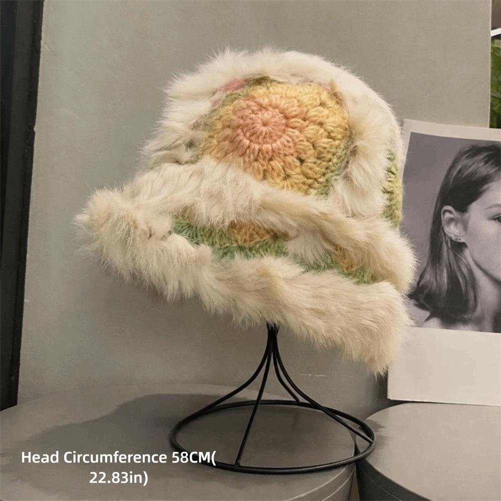 Faux Rabbit Fur Earflap Bucket Hat Fluffy Winter Windproof Hat Warm Fisherman Knitted Hat Girls