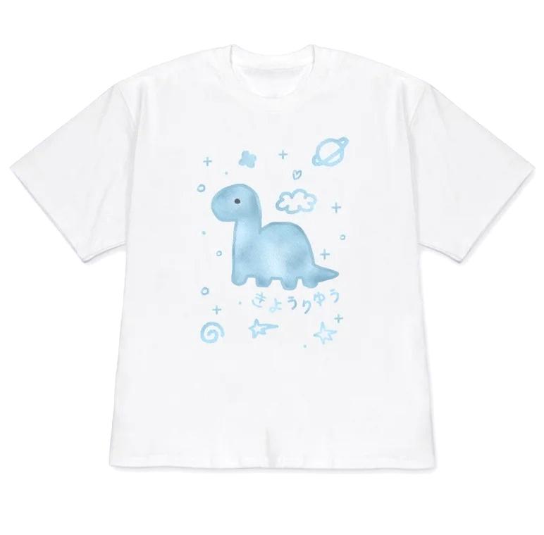 Minimalist Cute Dinosaur Doodle Graphic T-Shirt Kawaii Space Print Short Sleeve Casual Tee for Women Y2k Korean Versatile Tops S