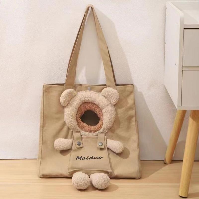 Canvas Dog and Cat Handbag with Exposed Head Bear Shape Shoulder Bag Canvas Outdoor Convenient Small Cat and Dog Pet Supplies