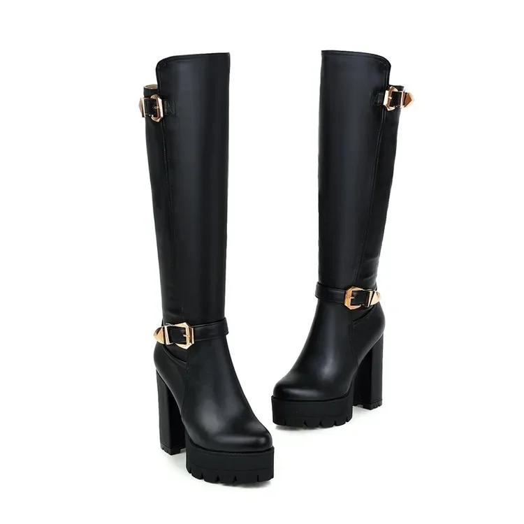 Women's Boots Autumn Winter New Style Fashion Belt Buckle Round Head Zipper Thick Heel High Heel High Boots