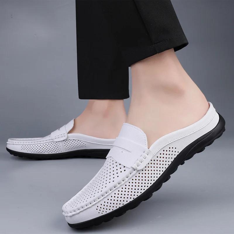 Summer Hollow Breathable Shoes Men Fashion Leather Half Shoes Slip on Moccasins Casual Italian Style Luxury Brand Half Loafers