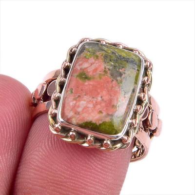 Natural Unakite Gemstone Two Tone 925 Sterling Silver Jewelry Ring Size 7.5 D7V29