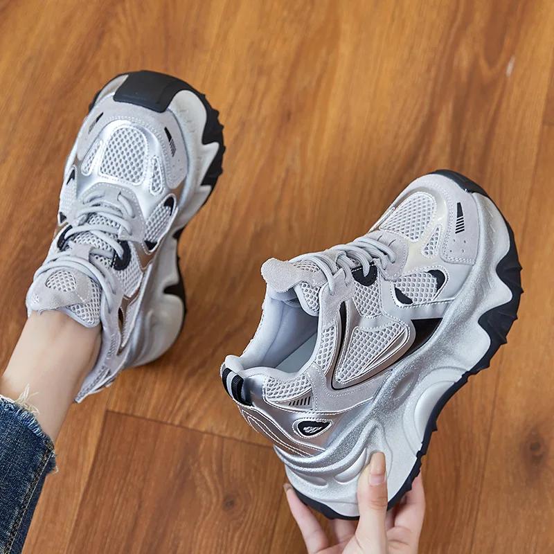 Fashion 12cm Air Mesh Microfiber Synthetic Chunky Sneakers Spring Shoes Leather Ankle Booties Women Vulcanize Boots Autumn