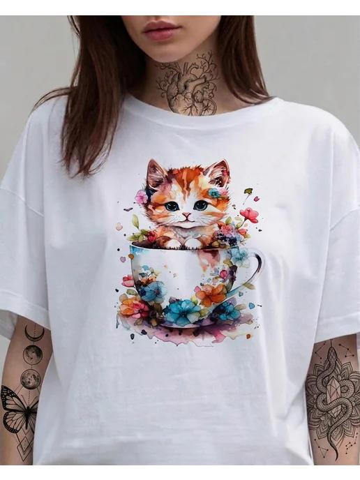 Cat in a Cup T-shirt. Summer print 2XL