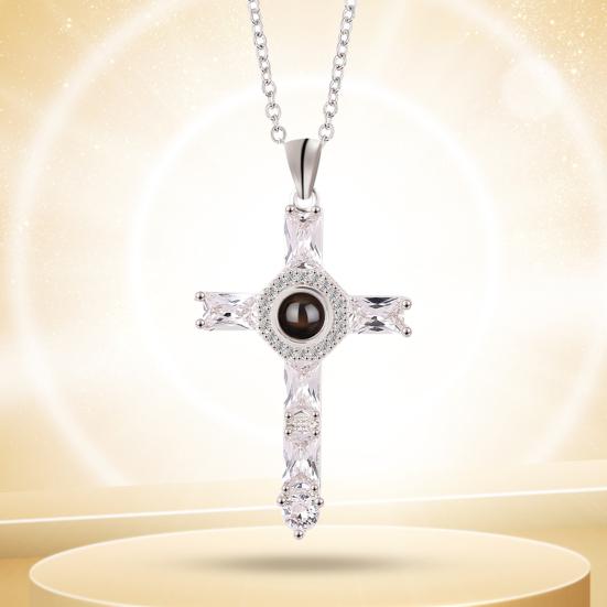 Cross Necklace Shiny Novelty Design Alloy Cross 100 Languages I Love You Projection Necklaces for Daily Dress