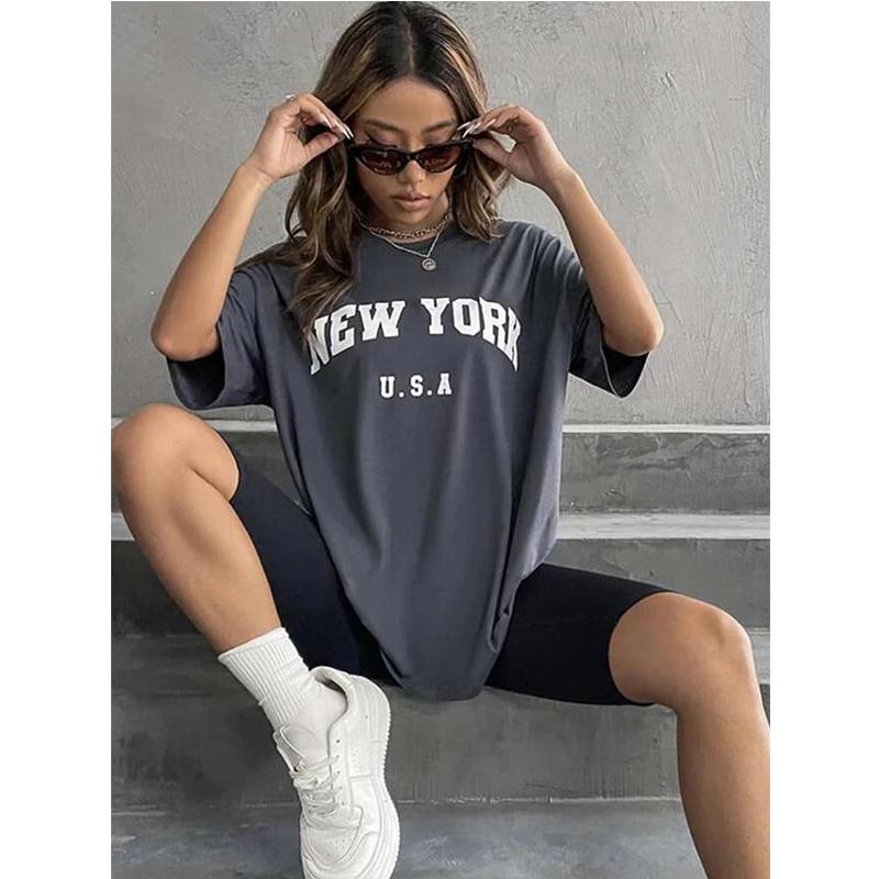 Blessyuki New York Tricouri cu imprimeu cu litere pentru femeie de vară Tricouri de bază cu gâtul O Casual Retro Streetwear pentru damă Harajuku Topuri de mărime mare