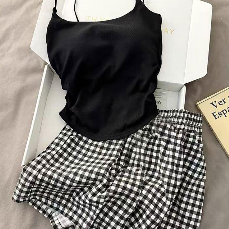 Women s Padded Camisole Pajama Set: Outerwear Shorts & Vest, Lightweight Two-Piece, Homewear, Imitation Cotton Weave, Pure Cotton 4: XL-2XL