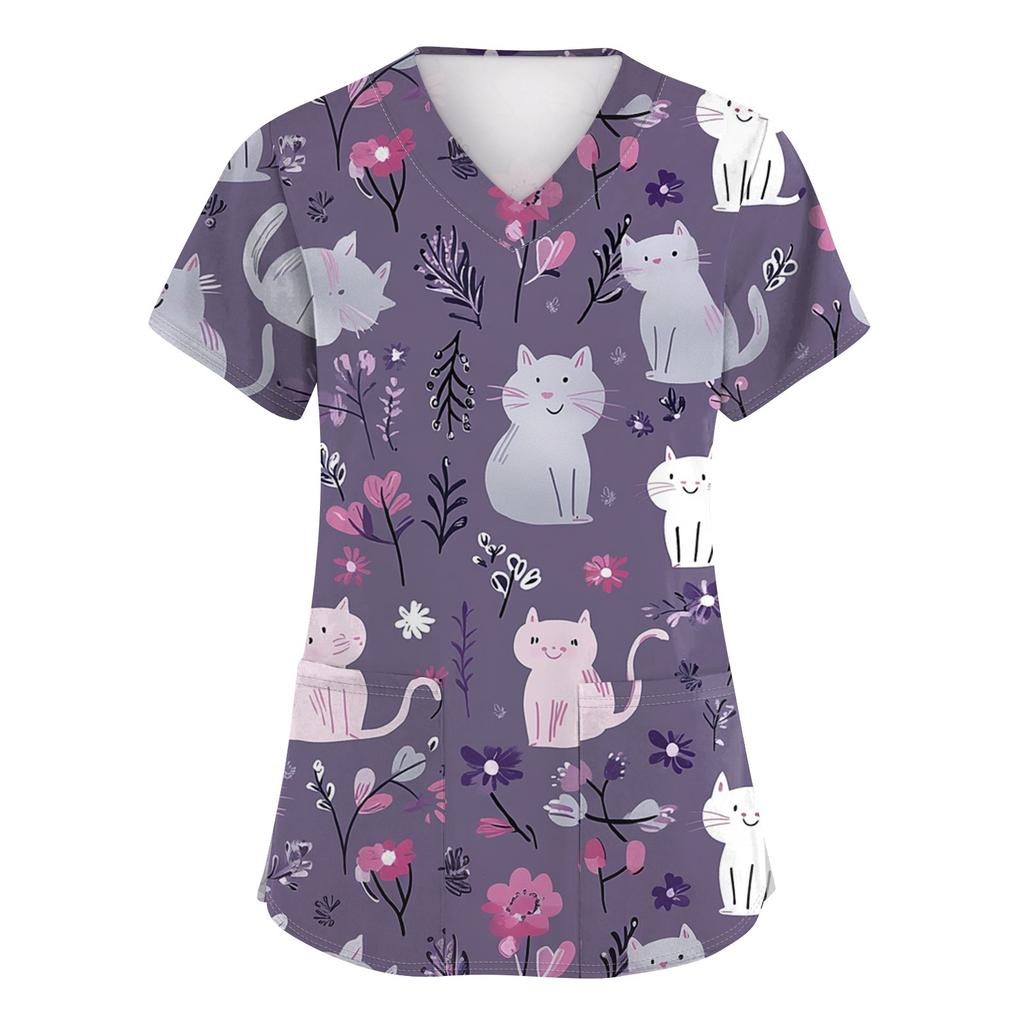 Women's Fashion Printed Short Sleeve V-Neck Top Small Pocket Work T-Shirt
