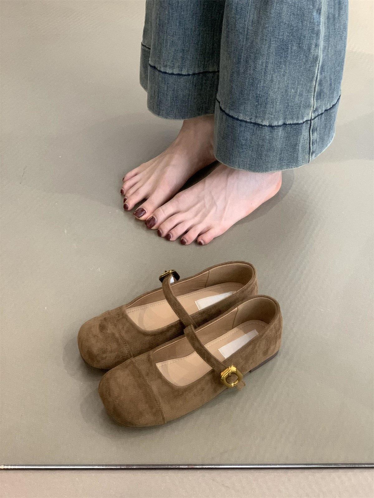 

Балетні феї замшеві круглий носок неглибокий виріз одинарні туфлі жіночі весна та осінь нові французькі ретро повсякденні м які плоскі туфлі Мері Джейн 40 хакі