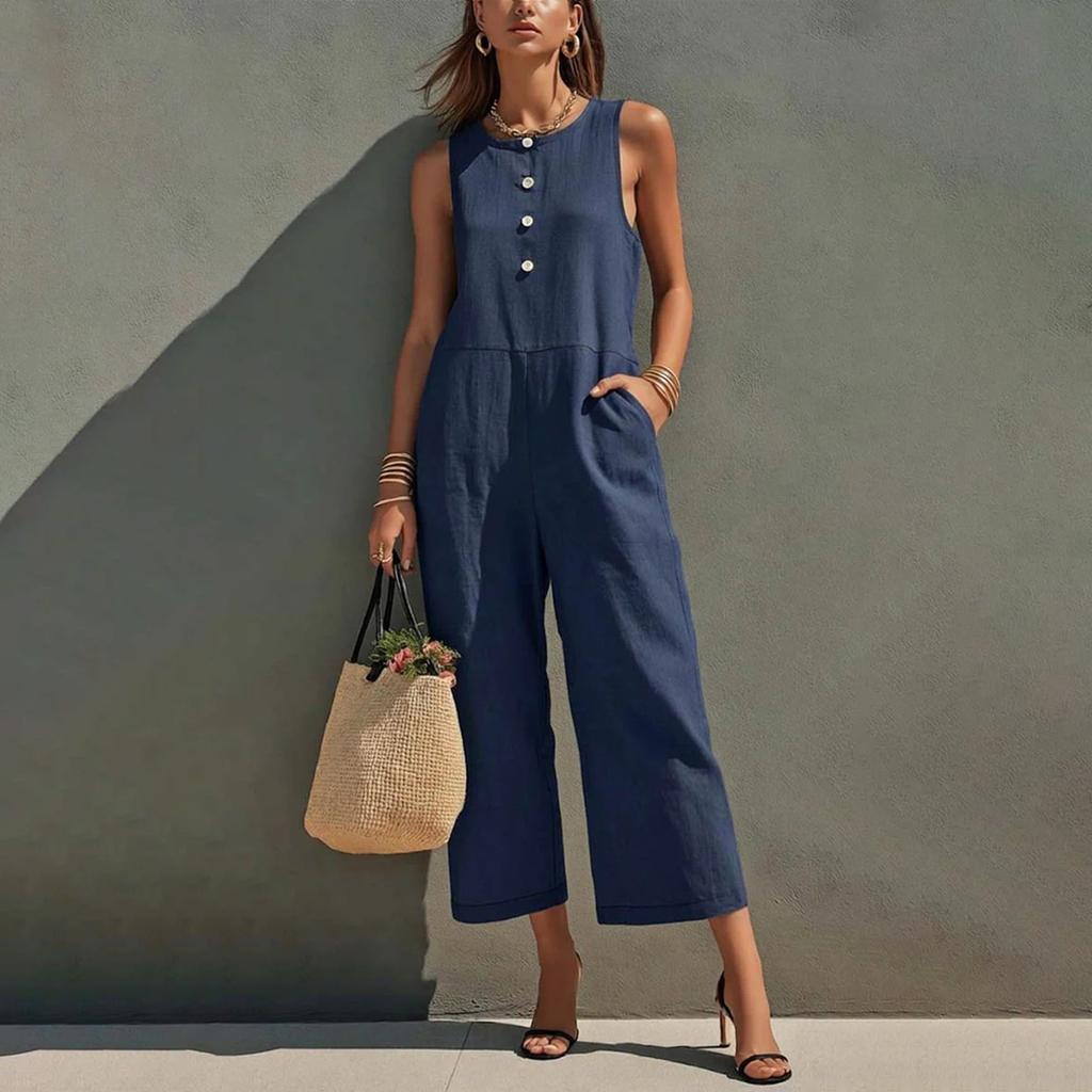 Modischer Damen-Jumpsuit mit Rundhalsausschnitt, Knöpfen, ärmellos, Tasche, lässig, Retro, weites Bein, Sieben-Viertel-Länge