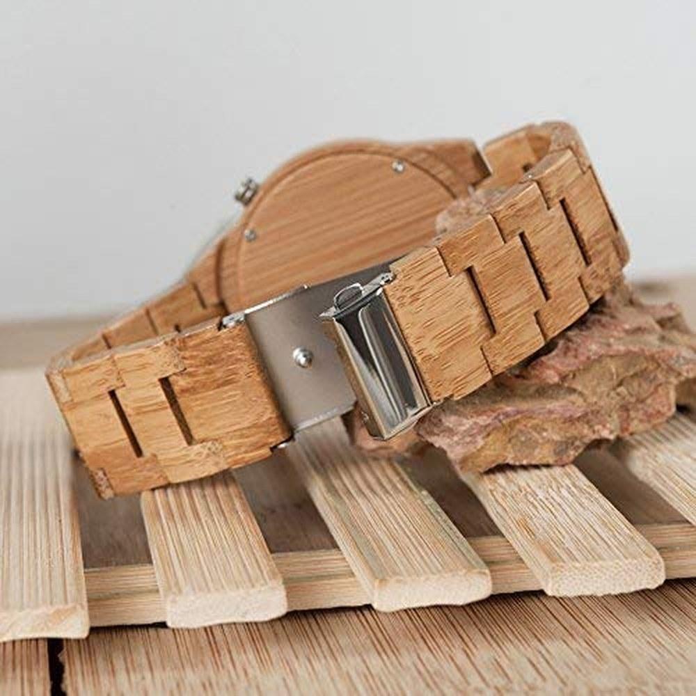 BOBO BIRD Men's Bamboo Wooden Watch Quartz Numeric Scale Lightweight Casual Sports Luminous Silver Hands Gift Box