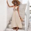 Sexy High Waist V Neck Tie Backless Ruched A Line Midi Dress for Party